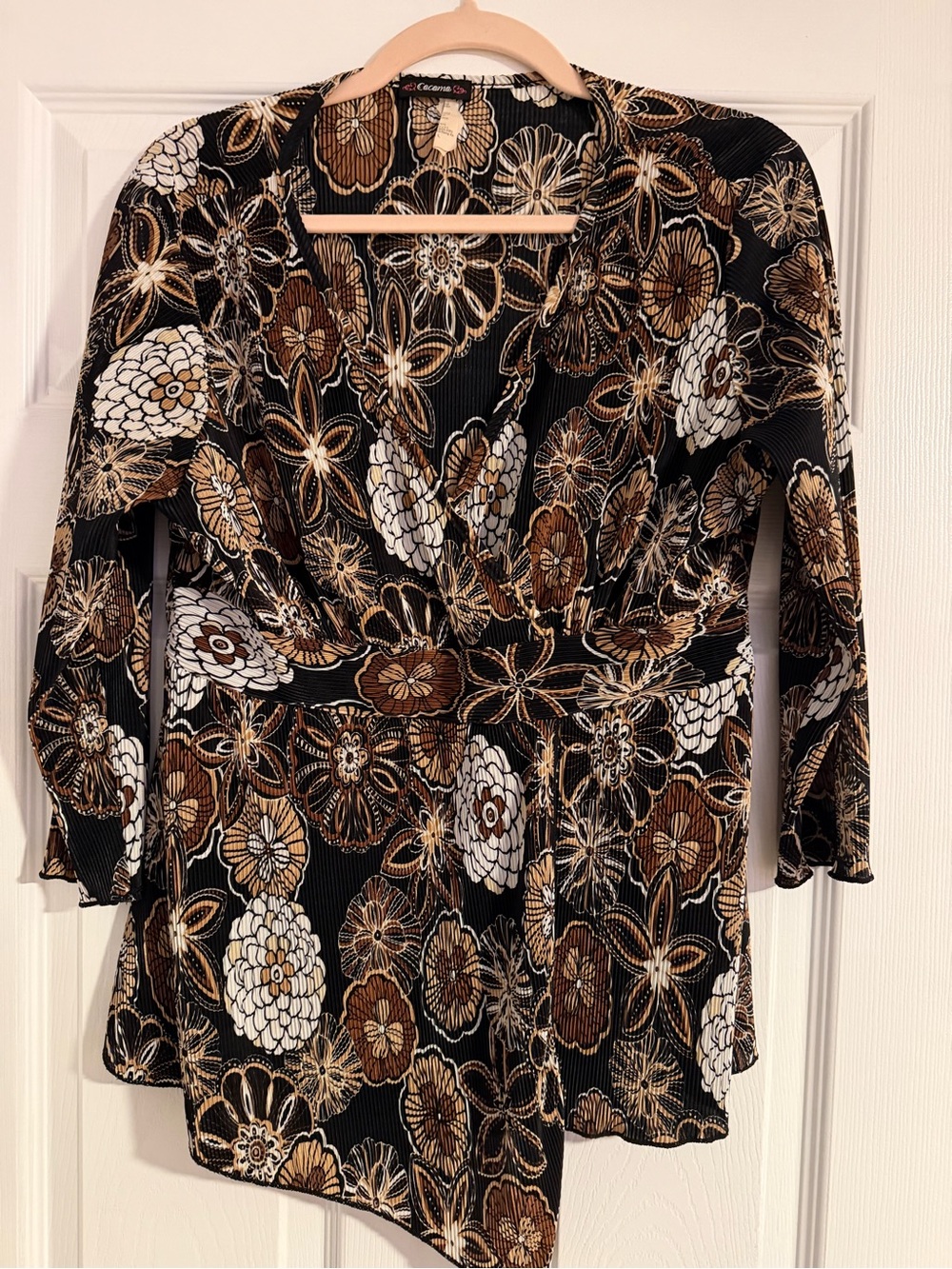 Cocomo Black Floral Wrap-Style Tunic with Brown & Cream Accents